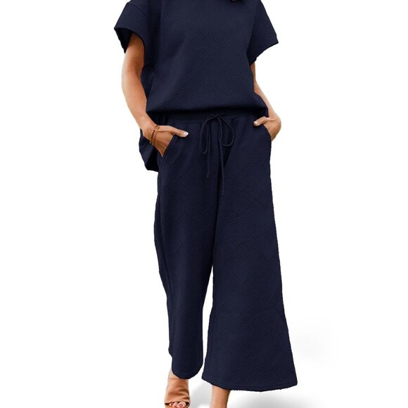 Soft Lounge Set Cropped Wide Leg Pants Drawstring Waist Short Sleeve Top